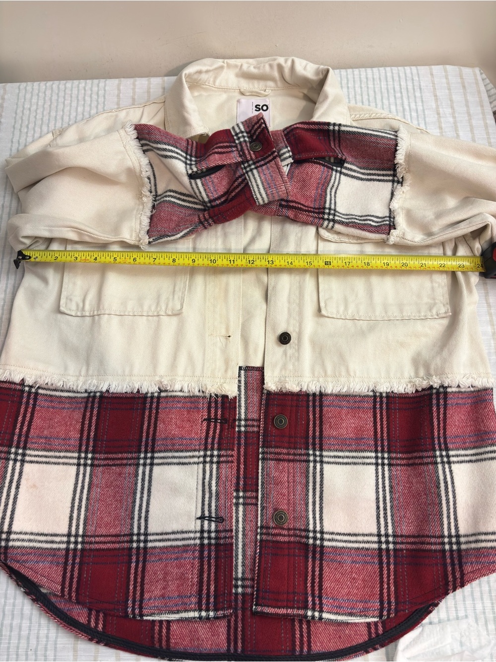 SO Cream and Red Plaid Cropped Shacket Jacket - Picture 6 of 7